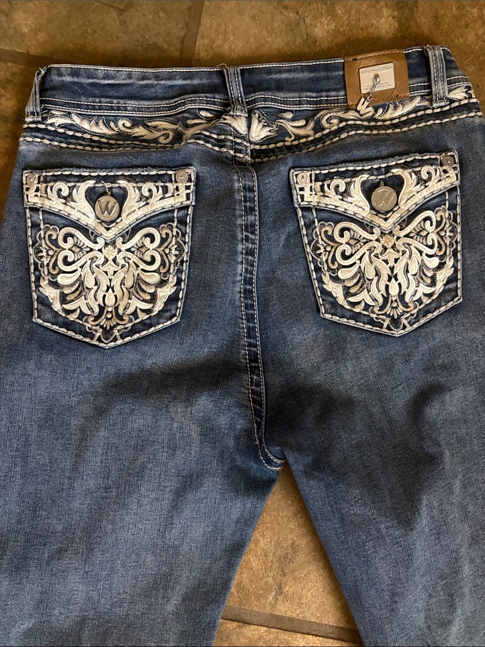 Western Blue Boot Cut Jeans with White Embroidered Back Pockets